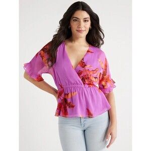 NWT Sofia Jeans Faux Wrap Peplum Blouse Purple Malay Leaves- Size Small